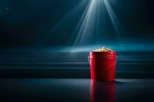 a bucket of popcorn on a table in front of a light. AI-Generated photo