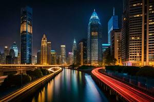 the chicago skyline at night with lights on the buildings. AI-Generated photo