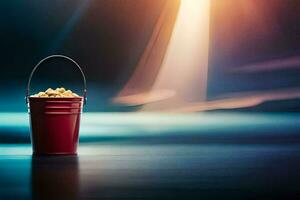 a bucket of popcorn on a table. AI-Generated photo