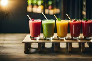 a row of colorful smoothies on a wooden tray. AI-Generated photo