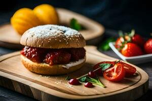 a hamburger with strawberry sauce and strawberries on a wooden cutting board. AI-Generated photo