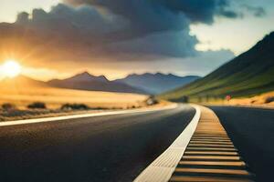 a road with the sun setting behind it. AI-Generated photo