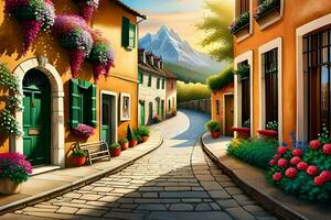 an illustration of a street in a village. AI-Generated photo