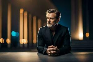 a man in a suit sitting on a table. AI-Generated photo