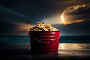 a bucket of chips on a table with a full moon in the background. AI-Generated photo