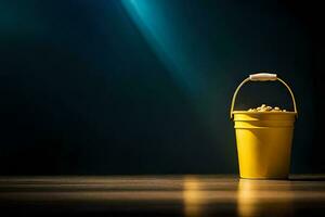 a yellow bucket with popcorn on a dark floor. AI-Generated photo