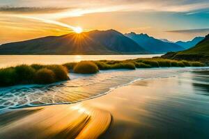 puesta de sol terminado el Oceano y montañas. generado por ai foto