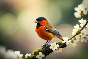 a colorful bird sits on a branch with white flowers. AI-Generated photo