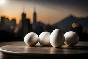 eggs on a table with city in the background. AI-Generated photo