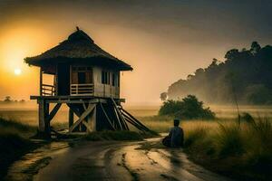 a man sits on the ground near a hut in the middle of a field. AI-Generated photo