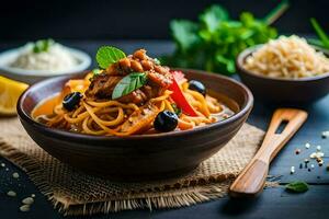 spaghetti with meat and vegetables in a bowl. AI-Generated photo