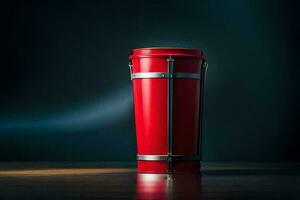 a red travel mug on a dark table. AI-Generated photo