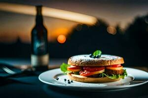 a sandwich on a plate with a bottle of wine in the background. AI-Generated photo