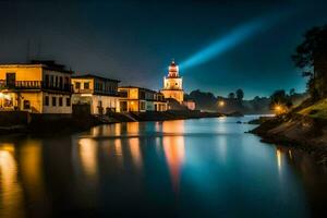 a city at night with a lighthouse and a river. AI-Generated photo