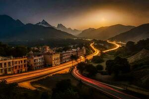a city street at sunset with mountains in the background. AI-Generated photo