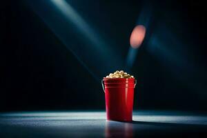 a red bucket with popcorn on a dark surface. AI-Generated photo