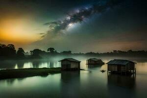 photo wallpaper the sky, water, the night, the lake, the house, the house,. AI-Generated