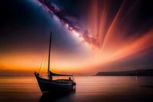 a boat in the ocean at sunset with a milky sky. AI-Generated photo