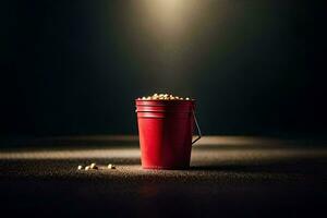 a red bucket with peanuts sitting on the floor. AI-Generated photo