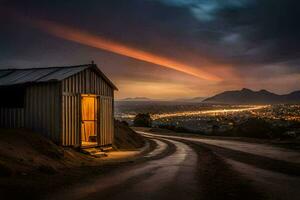 el la carretera a el puesta de sol. generado por ai foto