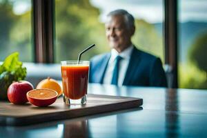 un hombre en un traje sentado a un mesa con un naranja jugo y un vaso de agua. generado por ai foto