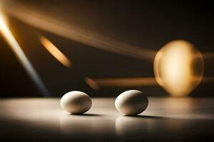 two eggs on a table with a light behind them. AI-Generated photo