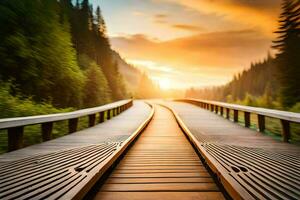 a wooden bridge in the forest at sunset. AI-Generated photo