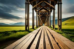 un largo de madera puente terminado un verde campo. generado por ai foto