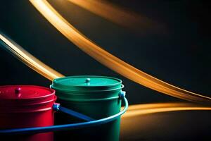 two buckets of paint on a dark background. AI-Generated photo