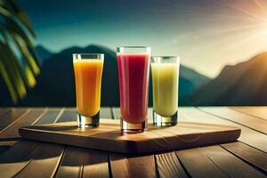 three glasses of juice on a wooden table. AI-Generated photo