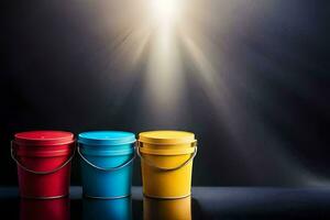 three colorful buckets on a dark background. AI-Generated photo