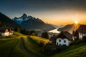 the sun sets over a mountain village in the alps. AI-Generated photo