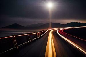 a long exposure photo of a road with light trails. AI-Generated