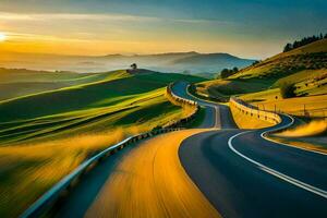 un devanado la carretera en el campo a puesta de sol. generado por ai foto