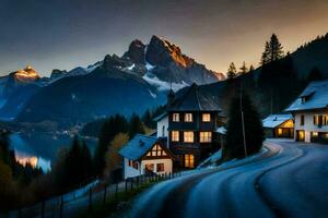 photo wallpaper the sky, mountains, lake, road, house, road, house, road,. AI-Generated