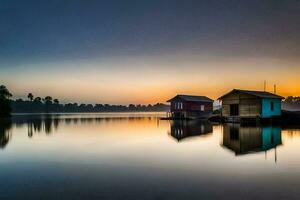 dos pequeño casas en el agua a puesta de sol. generado por ai foto