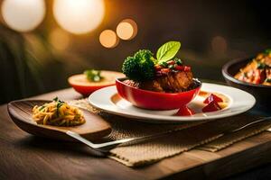 un de madera mesa con dos platos de alimento. generado por ai foto