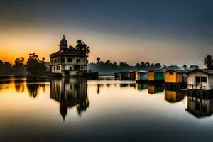 a house on the water with a church in the background. AI-Generated photo