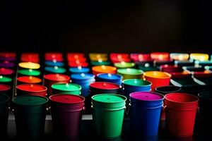 many colorful cups are lined up in a row. AI-Generated photo