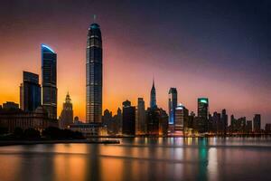 el ciudad horizonte a puesta de sol en Dubái generado por ai foto