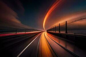 a long exposure photograph of a train going down a highway. AI-Generated photo