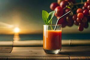 a glass of juice with a straw sitting on a table. AI-Generated photo