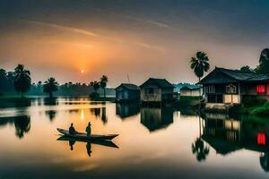 photo wallpaper the sky, water, sunset, the village, boat, people, house, nature. AI-Generated