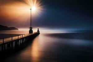 un muelle con un faro a el final de él. generado por ai foto