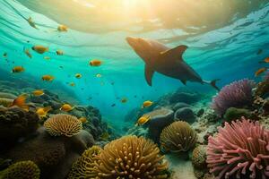 a shark swimming in the ocean with coral reefs. AI-Generated photo