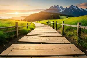 wooden path leading to the mountains at sunset. AI-Generated photo