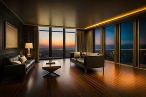 un vivo habitación con un ver de el ciudad a puesta de sol. generado por ai foto