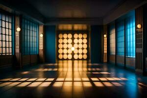un pasillo con ligero brillante mediante el ventanas generado por ai foto