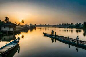 a boat is docked on the water at sunset. AI-Generated photo