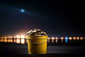 a bucket of coins sitting on the ground at night. AI-Generated photo